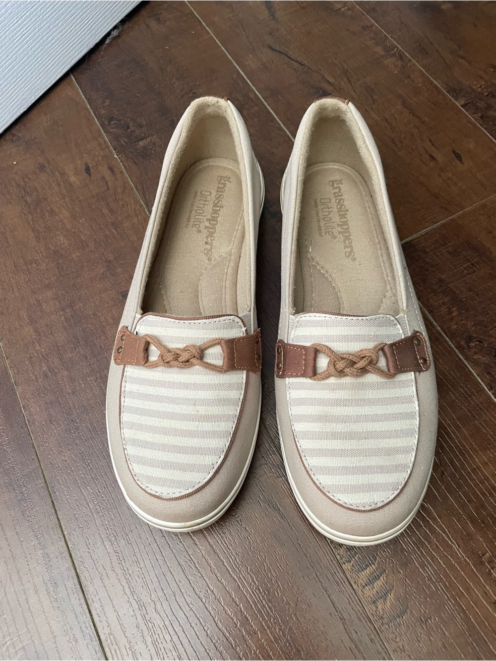 Grasshopper Windsor knot Beige Striped Slip-On Loafers with Brown Braided Accent